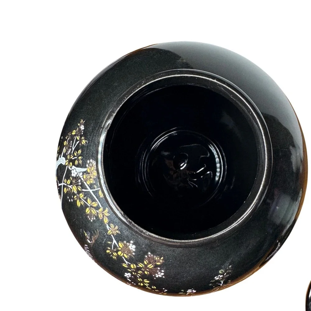 Vintage Japanese Black Porcelain Peacock Vase Ginger Jar Tea Cup Set 7pc Japan